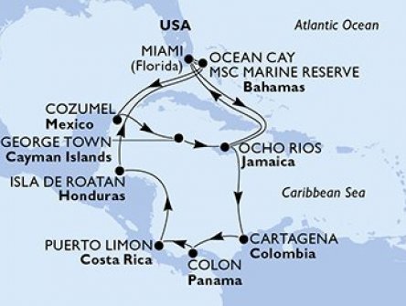 USA, Bahamy, Mexiko, Kajmanské ostrovy, Jamajka, Kolumbie, Panama, Kostarika, Honduras z Miami na lodi MSC Divina