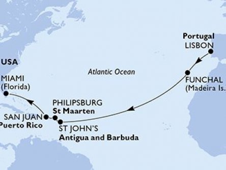 Portugalsko, Antigua a Barbuda, Svatý Martin, USA z Lisabonu na lodi MSC Divina, plavba s bonusem