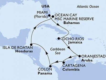 USA, Jamajka, Aruba, Kolumbie, Panama, Honduras, Bahamy z Miami na lodi MSC Divina, plavba s bonusem