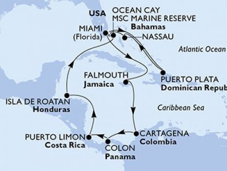 USA, Dominikánská republika, Bahamy, Jamajka, Kolumbie, Panama, Kostarika, Honduras z Miami na lodi MSC Divina