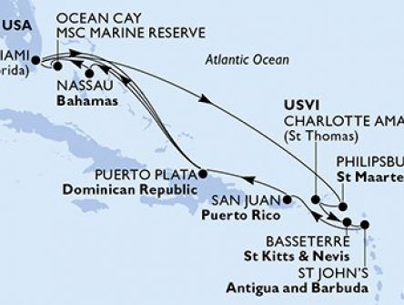 USA, Svatý Martin, Svatý Kryštof a Nevis, Antigua a Barbuda, Dominikánská republika, Bahamy z Miami na lodi MSC Divina