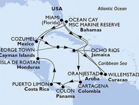 USA, Jamajka, Kolumbie, Panama, Kostarika, Honduras, Bahamy, Mexiko, Kajmanské ostrovy, Curacao, Aruba z Miami na lodi MSC Divina