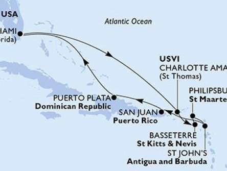 USA, Svatý Kryštof a Nevis, Svatý Martin, Antigua a Barbuda, Dominikánská republika z Miami na lodi MSC Divina