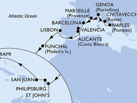 Itálie, Francie, Španělsko, Portugalsko, Antigua a Barbuda, Svatý Martin, USA z Neapole na lodi MSC Divina