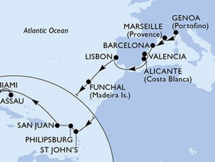 Itálie, Francie, Španělsko, Portugalsko, Antigua a Barbuda, Svatý Martin, USA, Bahamy z Janova na lodi MSC Divina