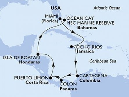 USA, Jamajka, Kolumbie, Panama, Kostarika, Honduras, Bahamy z Miami na lodi MSC Divina, plavba s bonusem