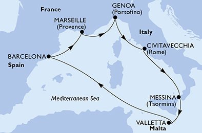 Zimní romance Středomoří na MSC World Europa, plavba s českým průvodcem, plavba s dopravou