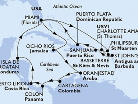 USA, Jamajka, Aruba, Kolumbie, Panama, Kostarika, Honduras, Svatý Martin, Svatý Kryštof a Nevis, Antigua a Barbuda, Dominikánská republika z Miami na lodi MSC Divina