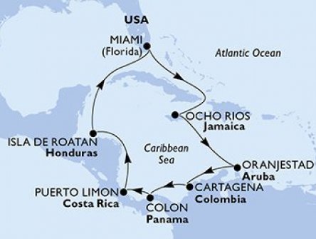 USA, Jamajka, Aruba, Kolumbie, Panama, Kostarika, Honduras z Miami na lodi MSC Divina, plavba s bonusem