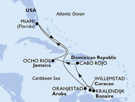 USA, Aruba, Bonaire, Curacao, Dominikánská republika, Jamajka z Miami na lodi MSC Divina