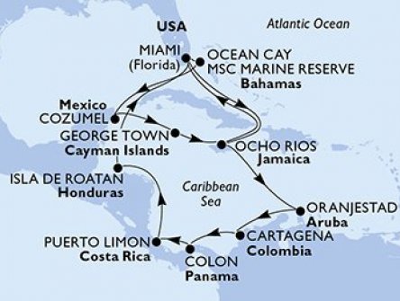 USA, Bahamy, Mexiko, Kajmanské ostrovy, Jamajka, Aruba, Kolumbie, Panama, Kostarika, Honduras z Miami na lodi MSC Divina
